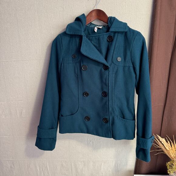 Voice Hooded Jacket Size S Teal Blue Wool Blend Lined with Pockets Warm Winter - Picture 2 of 11